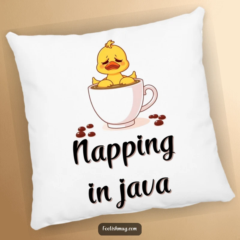 Funny pillow depicting a frustrated rubber ducky trying to swim in a teacup of coffee, offering comfort with a humorous design.