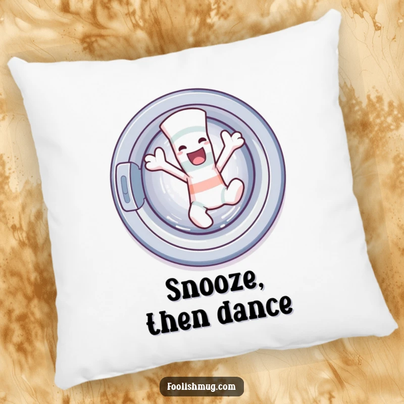 Funny sock character dancing wildly out of a washing machine on a pillow, offering soft comfort and humorous laundry day vibes.
