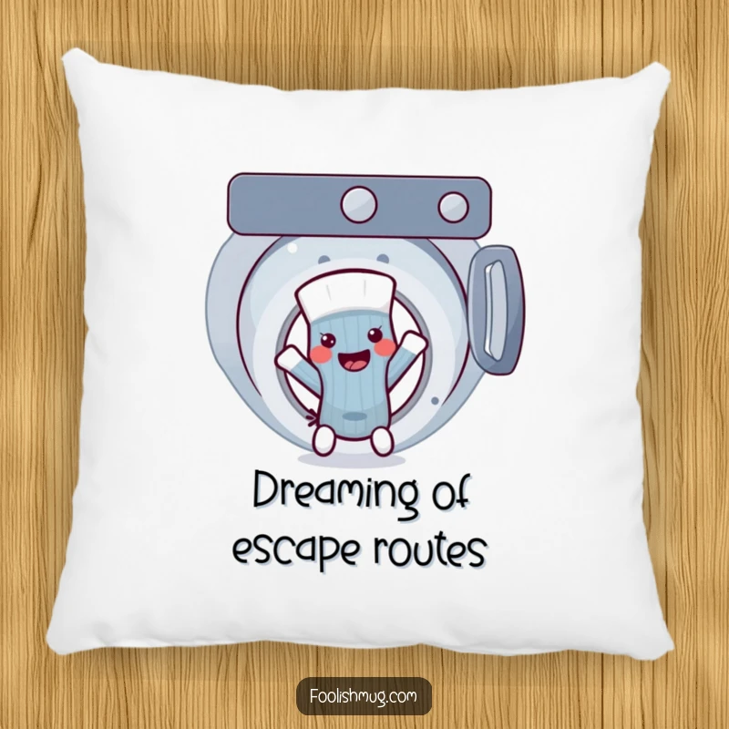 Funny sock character comically breaking out of a washing machine, a soft and humorous pillow, a great funny gift.