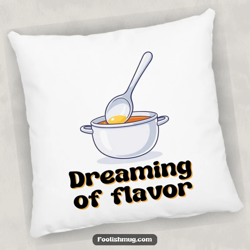 Funny pillow depicting a shiny spoon character stirring invisible soup, providing comfort with a humorous and lighthearted design.