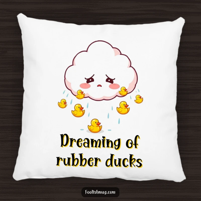 Funny startled cloud character accidentally raining tiny bouncing rubber ducks on a pillow, providing cozy comfort and humorous charm.