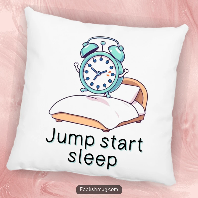 Funny alarm clock pillow, tiny and startled, comically leaping with springs from a bed, providing humorous comfort for sleepy individuals.