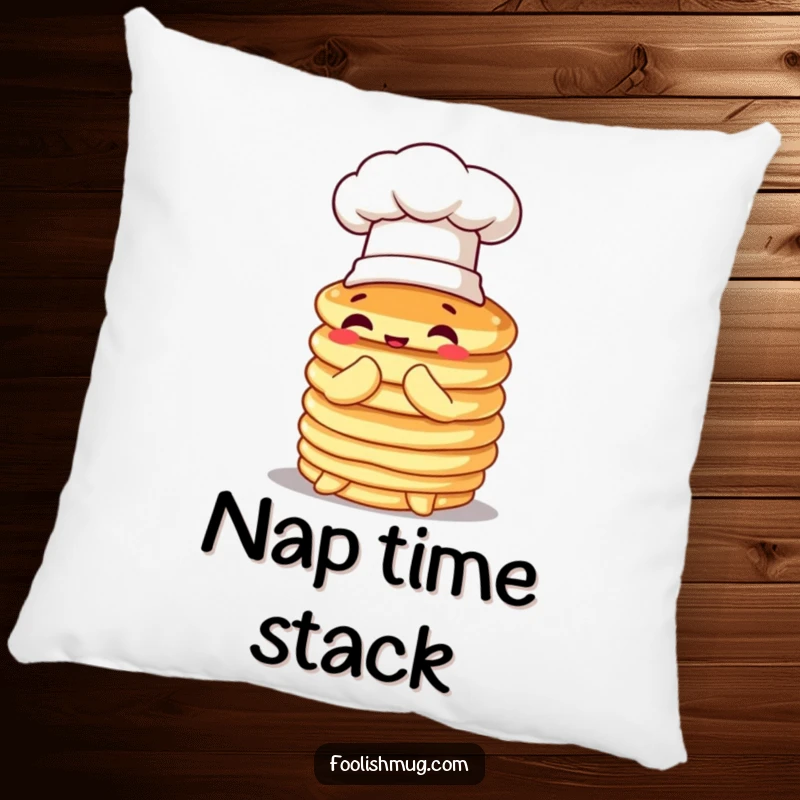 Funny pancake pillow, wobbly stack in a chef hat, comically attempting to bow, providing humorous comfort and foodie decor.