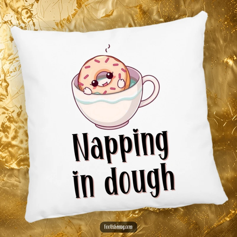 Funny decorative pillow with a cartoon donut trying to swim in a coffee mug, adding a touch of whimsical humor to any seating area.