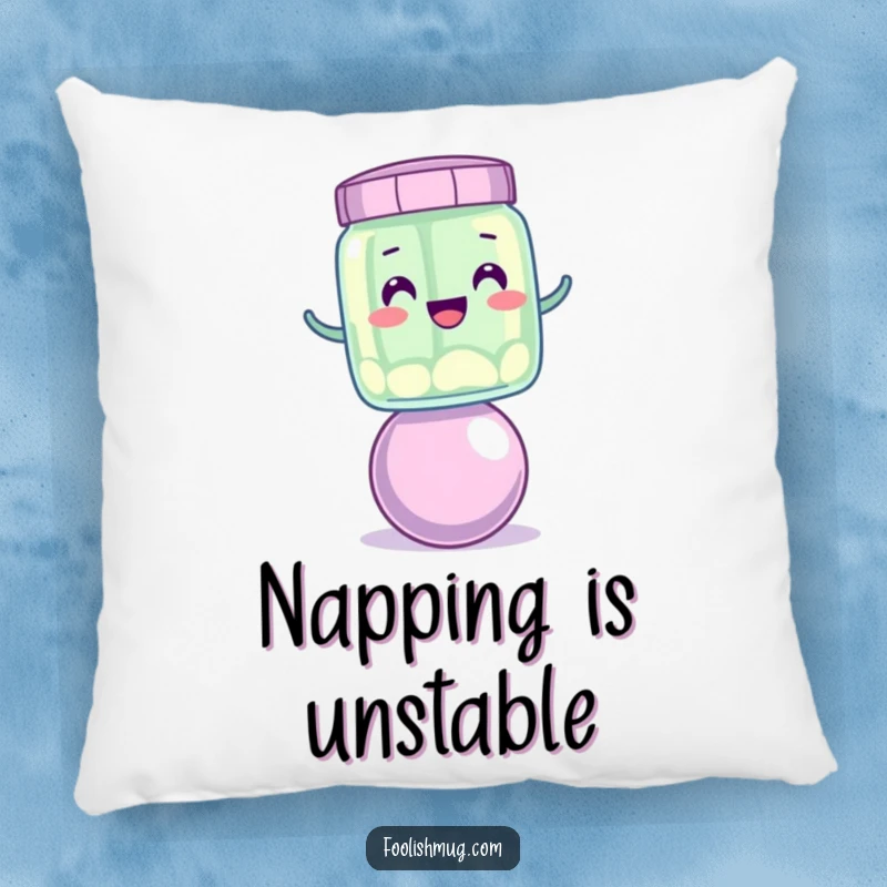 Funny wobbly jelly jar character balancing on a bouncing ball, featured on a soft, funny pillow.