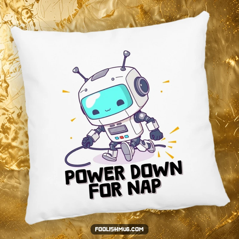 Funny pillow depicting a clumsy robot tripping over its power cord with sparks flying, providing comfort and tech humor as a funny gift.