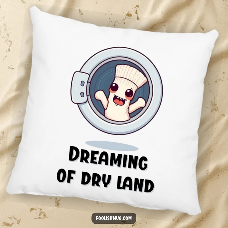 Funny pillow with a mischievous sock character escaping a washing machine, offering cozy humor and comfort.