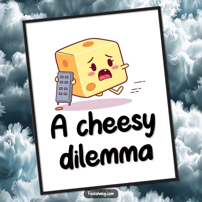Funny startled cheese block character running from a tiny grater in a digital art print, capturing a moment of comical escape.