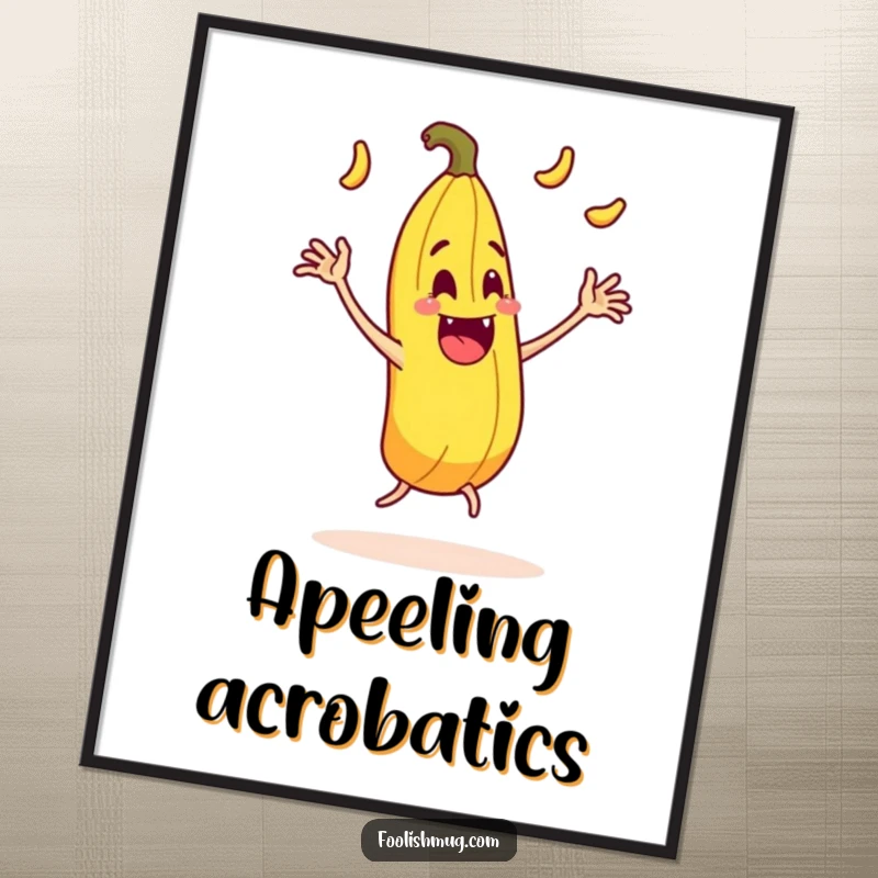 Funny juggling banana peel character comically slipping on itself with exaggerated motion on a digital art print, a comedy classic.