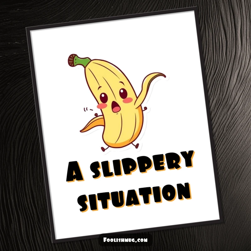 Funny banana peel character in a surprised, exaggerated slip on a digital art print, capturing a classic slapstick moment.