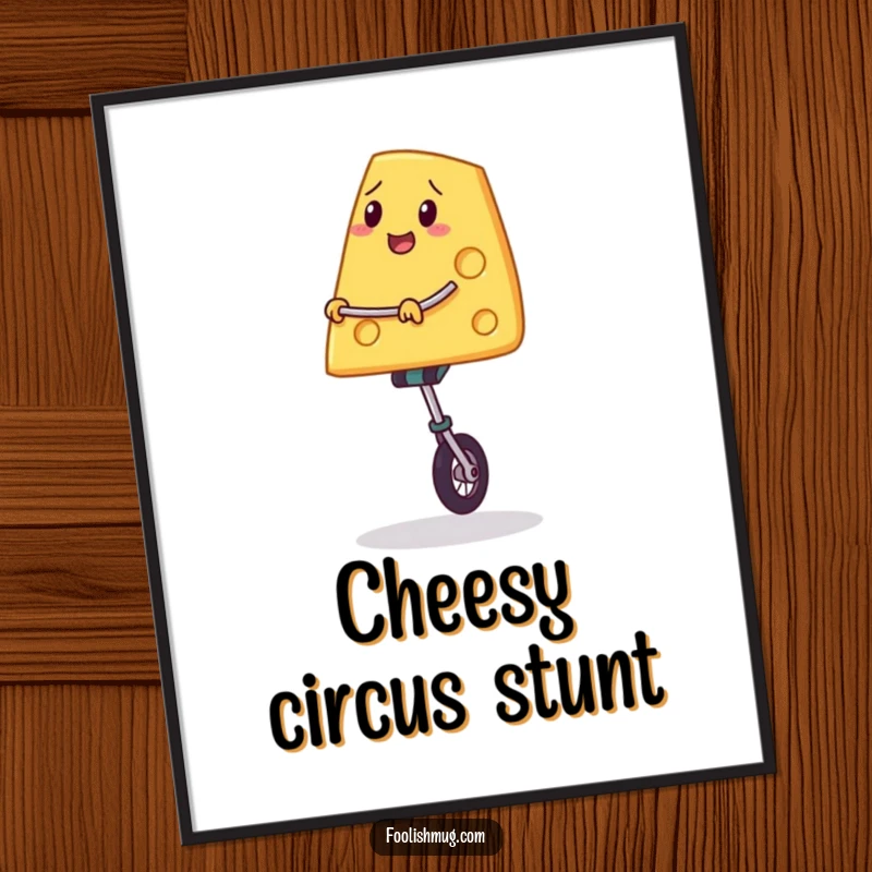 Funny digital art print of a slice of cheese precariously balancing on a unicycle, conveying a humorous sense of focused determination.