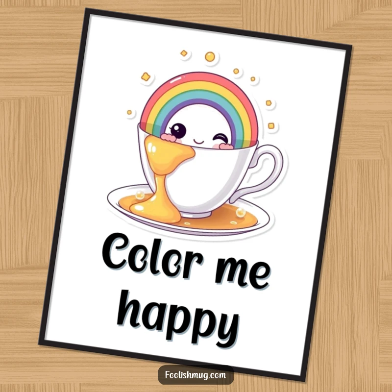 Funny rainbow teacup digital art print, showing a teacup gushing with a vibrant rainbow, instantly downloadable joyful artwork.