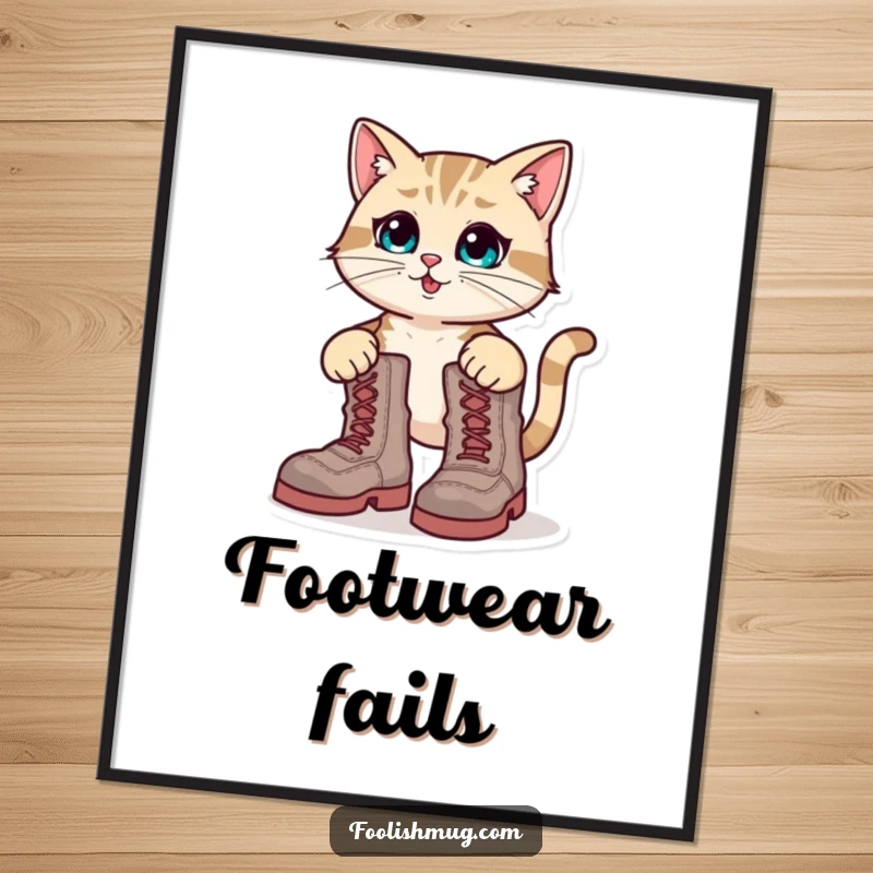 Funny Digital Art Print: A determined cat character hilariously trying to fit into oversized boots.