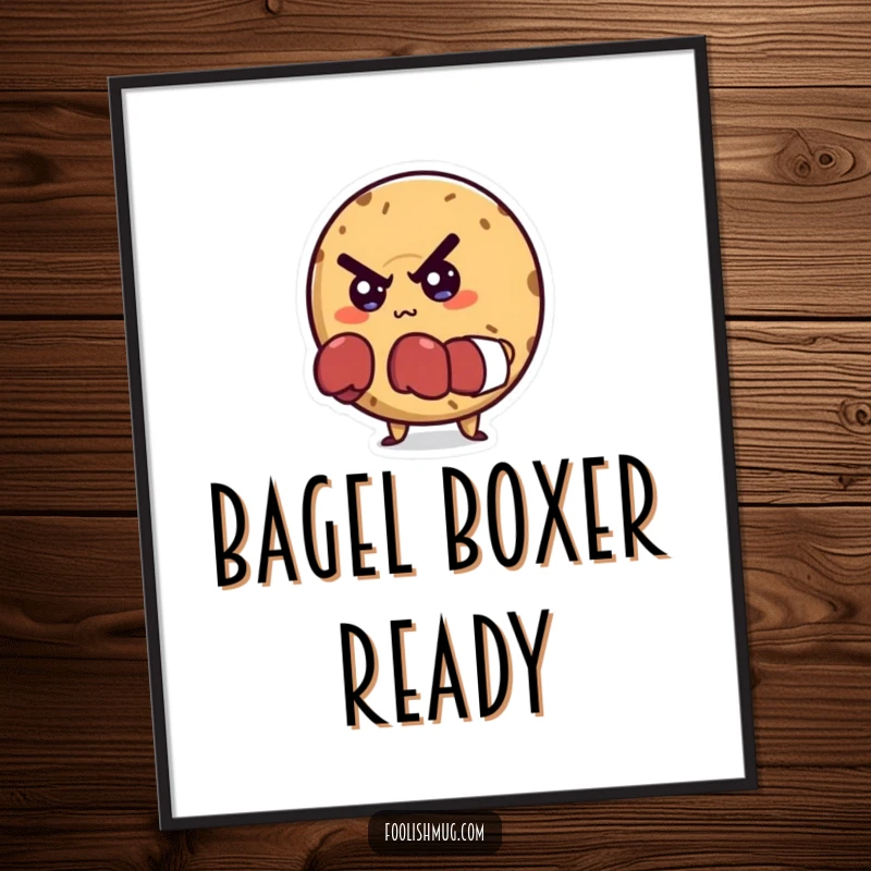 Funny digital art print of a mischievous bagel character wearing tiny boxing gloves, looking determined, ready to conquer.