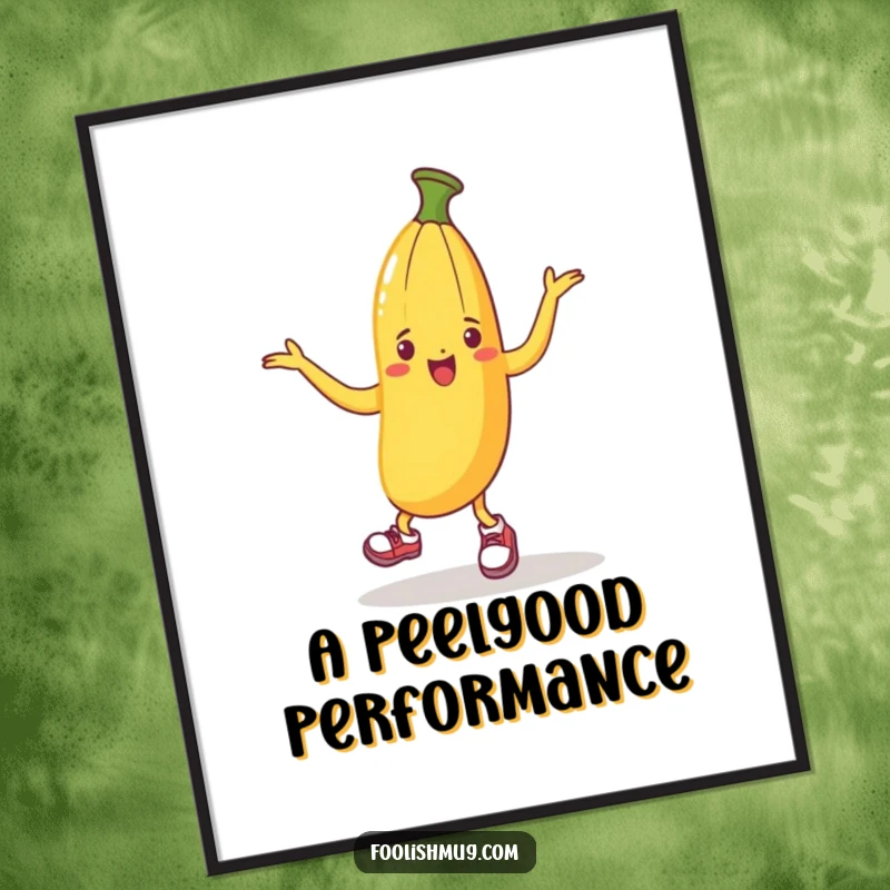 Funny digital art print of a banana peel wearing tiny shoes, dancing with great enthusiasm, embodying slippery, joyful movement.