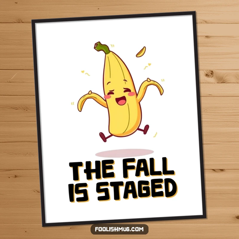 Funny banana peel character in a comical slip, exaggerated movement, vibrant digital art, a unique funny gift.