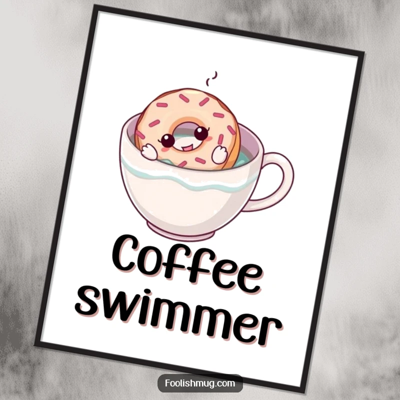 Funny digital art print of a cartoon donut attempting to swim in a large coffee mug, capturing a humorous and sweet breakfast moment.