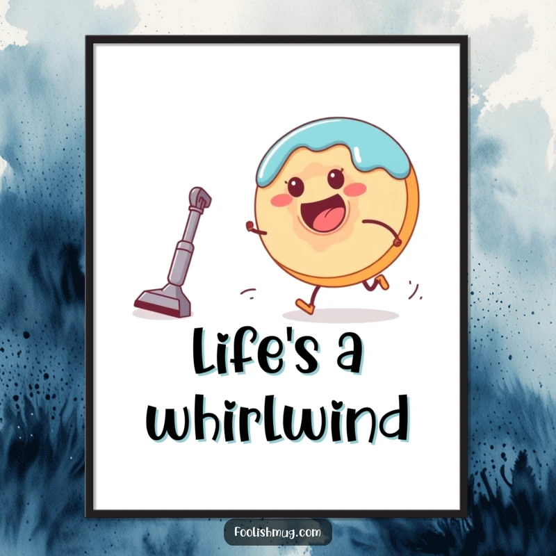 Funny donut character being chased by a small vacuum cleaner in a digital art print, capturing a dynamic and humorous scene.