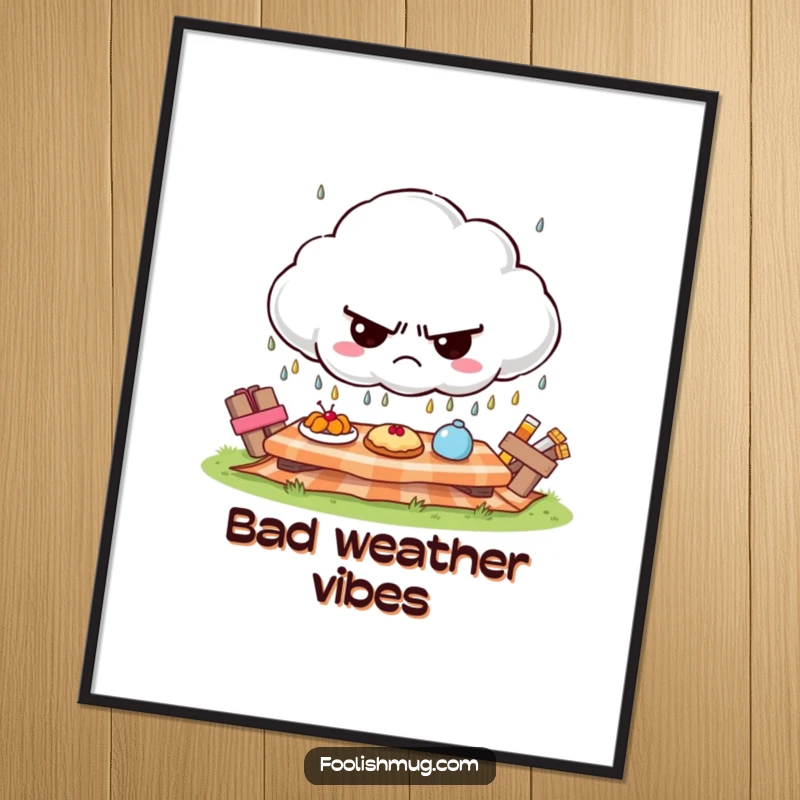 Funny grumpy cloud digital art, raining frowns on a sunny picnic, instant moody funny gift.