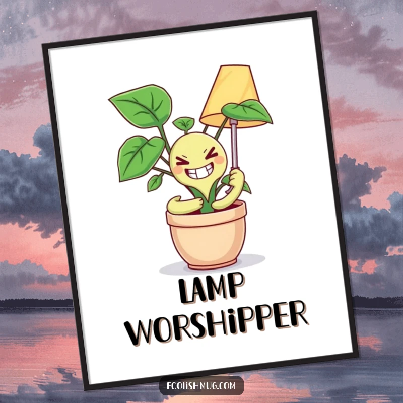 Funny digital art print of a potted plant with an unsettlingly wide grin attempting to hug a lamp, offering a piece of quirky humor.