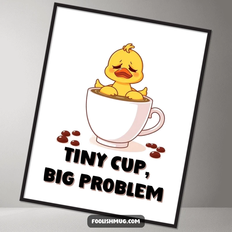 Funny digital art print of a rubber ducky struggling in a teacup of coffee, perfect for instant download and adding humorous charm.
