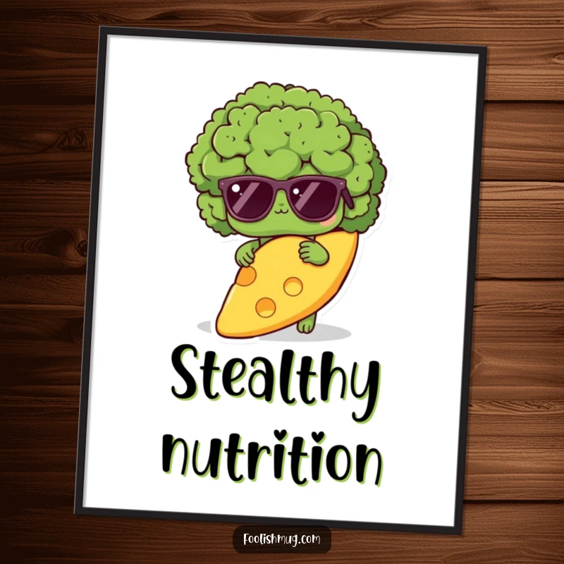 Funny shy broccoli digital art print, showing a broccoli wearing sunglasses, hiding behind a giant cheese slice, instantly downloadable funny art.