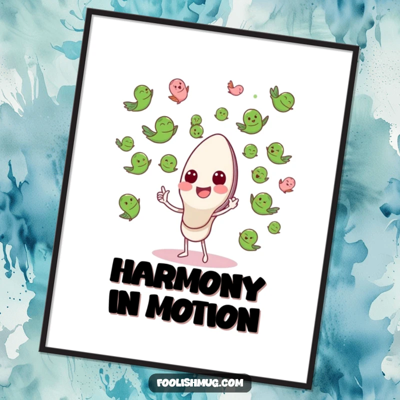 Funny Digital Art Print of a happy spoon conducting a flying pea orchestra, for online or home decor.