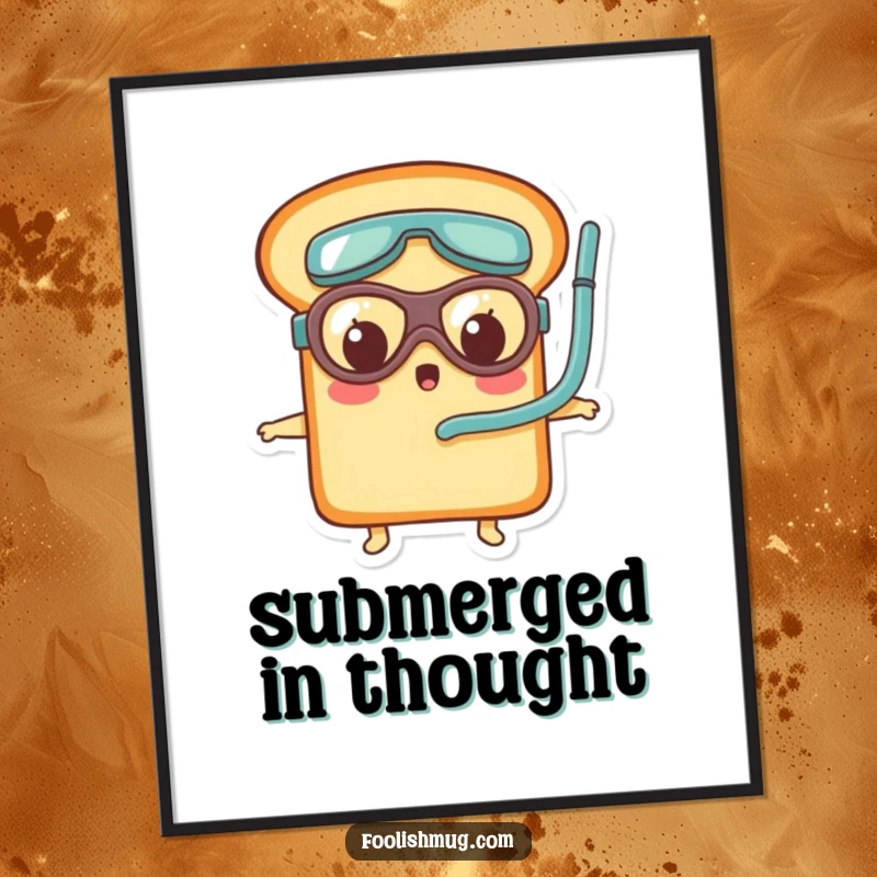 Funny bread loaf character wearing tiny goggles and snorkel, looking surprised in a digital art print, adding aquatic humor.