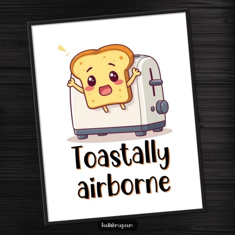 Funny digital art print of a surprised bread slice comically leaping out of a toaster, bringing breakfast humor instantly as a funny gift.