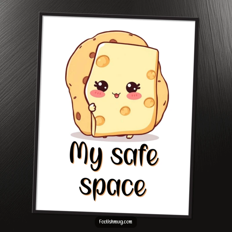 Funny Digital Art Print of a blushing cheese slice character hiding behind a cracker, for online or home decor.