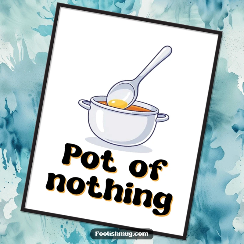 Funny digital art print of a shiny spoon character stirring invisible soup, perfect for immediate download and adding humor to digital displays.