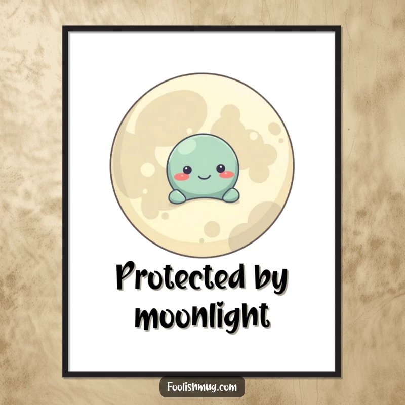 Funny Digital Art Print: A shy planet character hiding behind a smiling moon, creating instant cosmic charm.