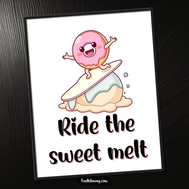 Funny Donut Digital Art Print of a smiling donut character attempting to surf on a melting scoop of ice cream, ready for printing.