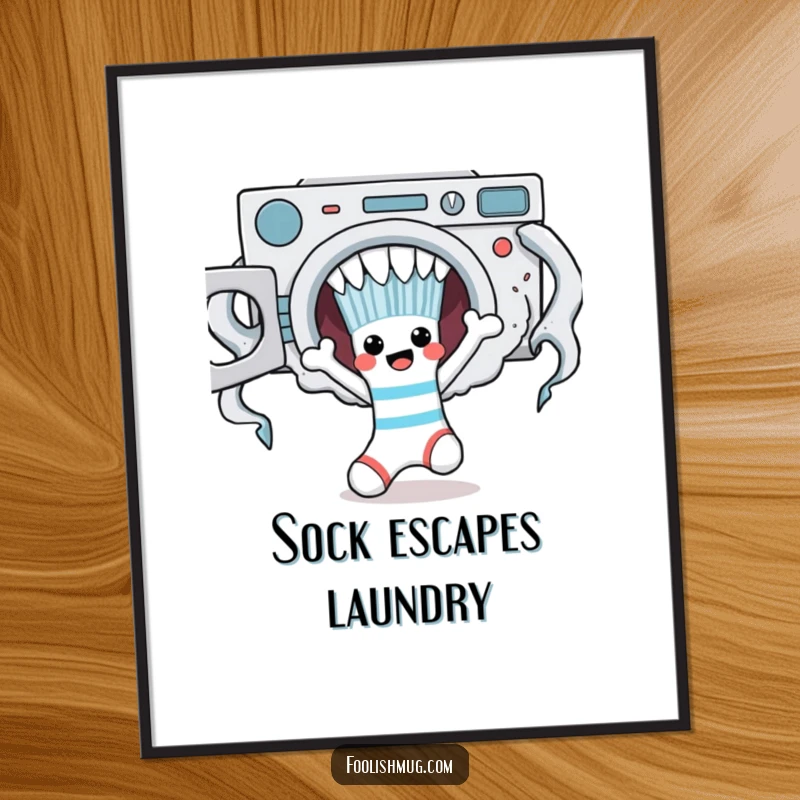 Funny sock character comically escaping a laundry monster, presented as a downloadable digital art print.