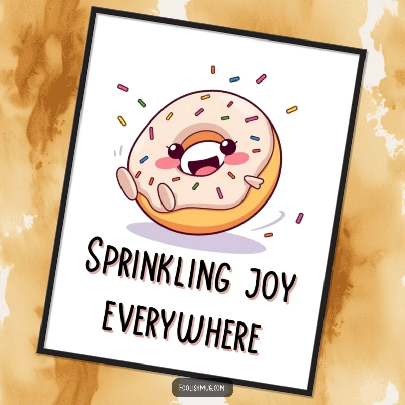 Funny Digital Art Print: A happy donut character clumsily rolling downhill with flying sprinkles. Whimsical and humorous wall decor.