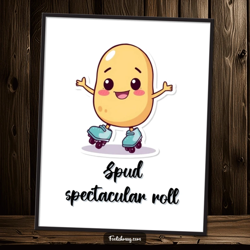 Funny potato character on roller skates wobbling, digital art print, immediate funny gift for wall decor.