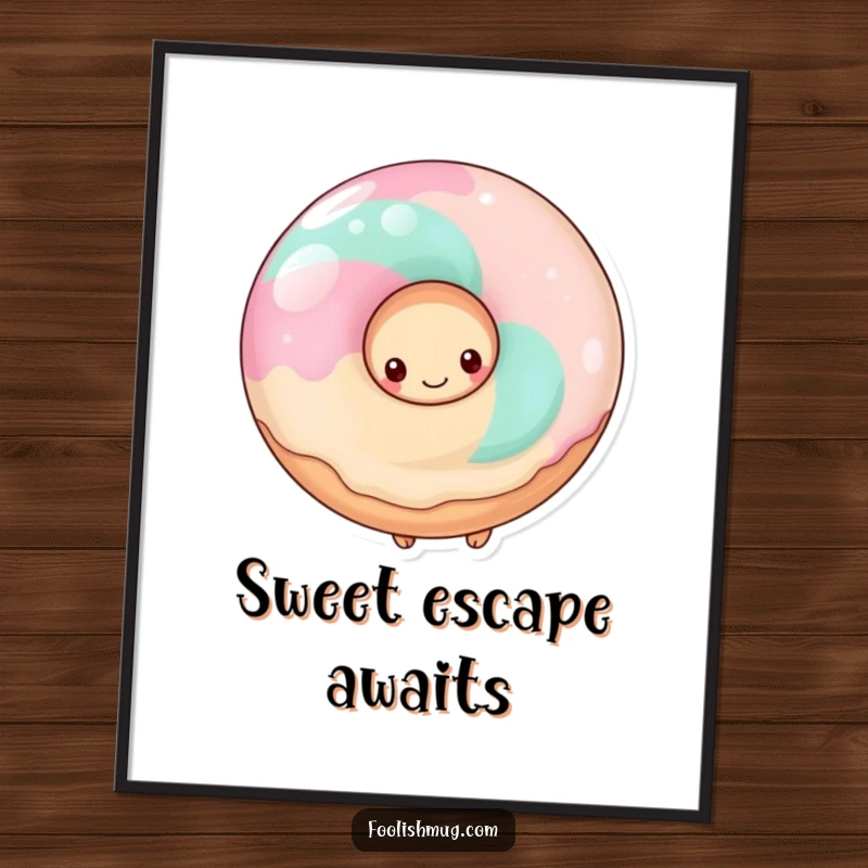 Funny shy donut hiding behind a giant lollipop, as a downloadable digital art print, offering sweetness.