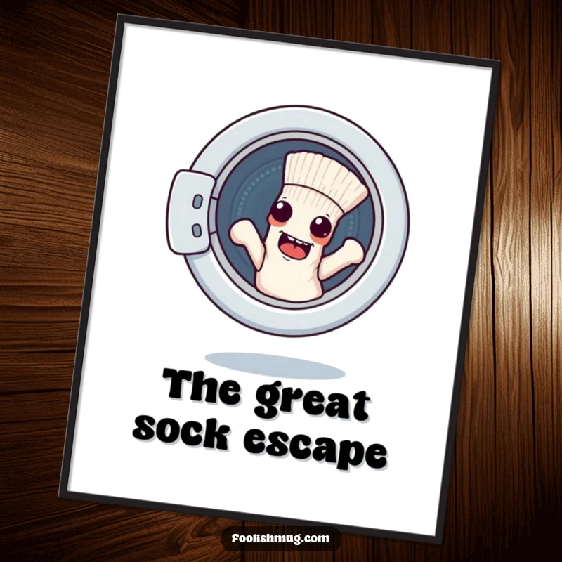 Funny digital art print of a mischievous sock character escaping a washing machine, ideal for humorous laundry room decor.