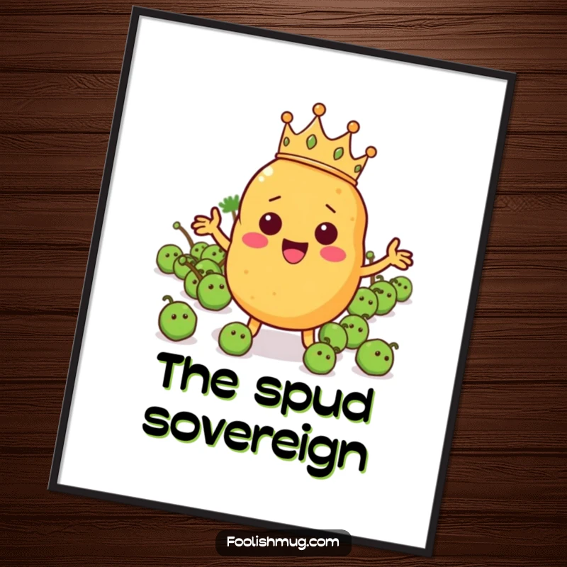 Funny potato character wearing a tiny crown and commanding a pea army in a digital art print, depicting majestic veggie leadership.