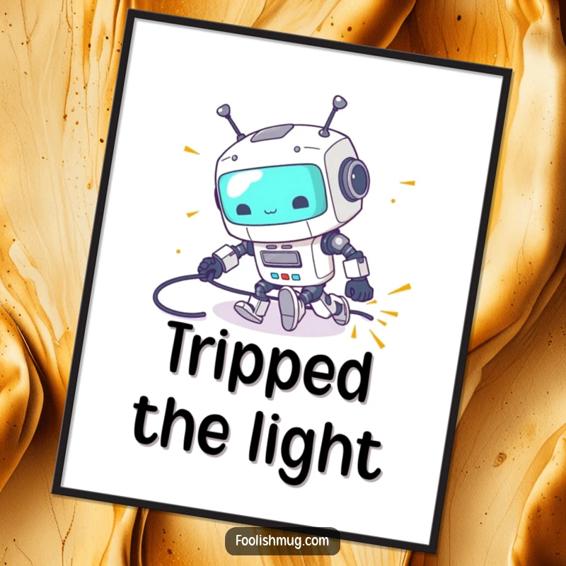 Funny digital art print of a clumsy robot tripping over its power cord with sparks flying, bringing tech humor instantly as a funny gift.