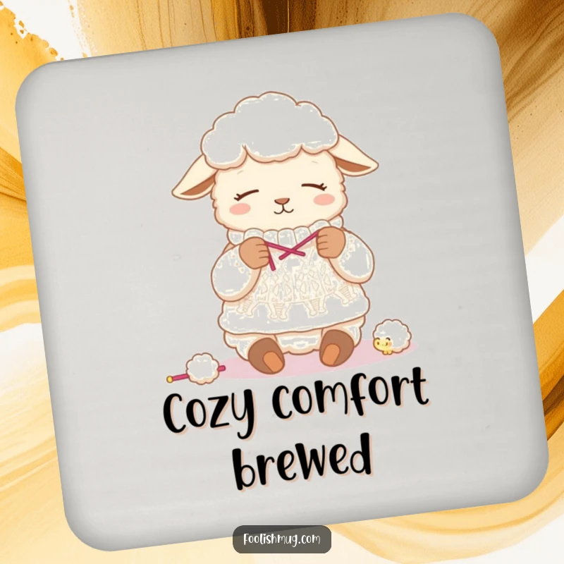 Funny sheep coaster, depicting a sleepy sheep humorously knitting a sweater from its own wool, adding quirky charm to tabletops.