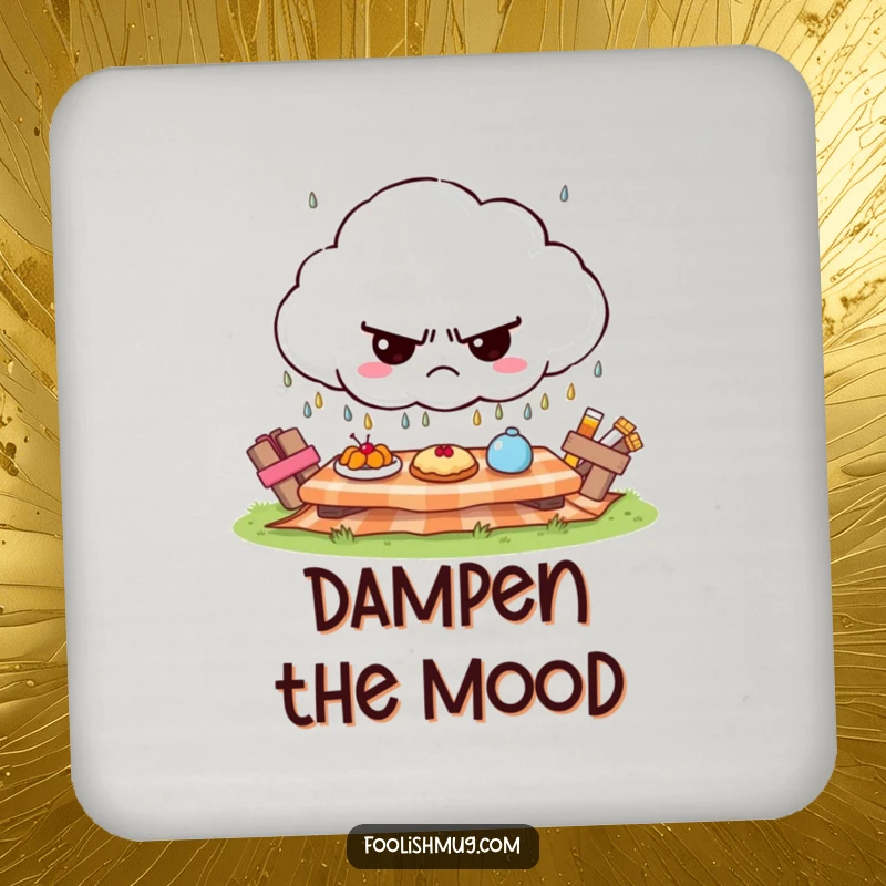 Funny grumpy cloud coasters, raining frowns on a sunny picnic, protecting surfaces funny gift.