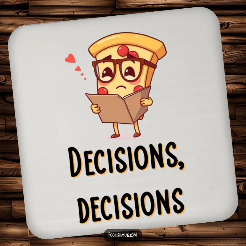 Funny drink coasters featuring a pizza slice wearing spectacles, look confused at a large menu, adding quirky charm.