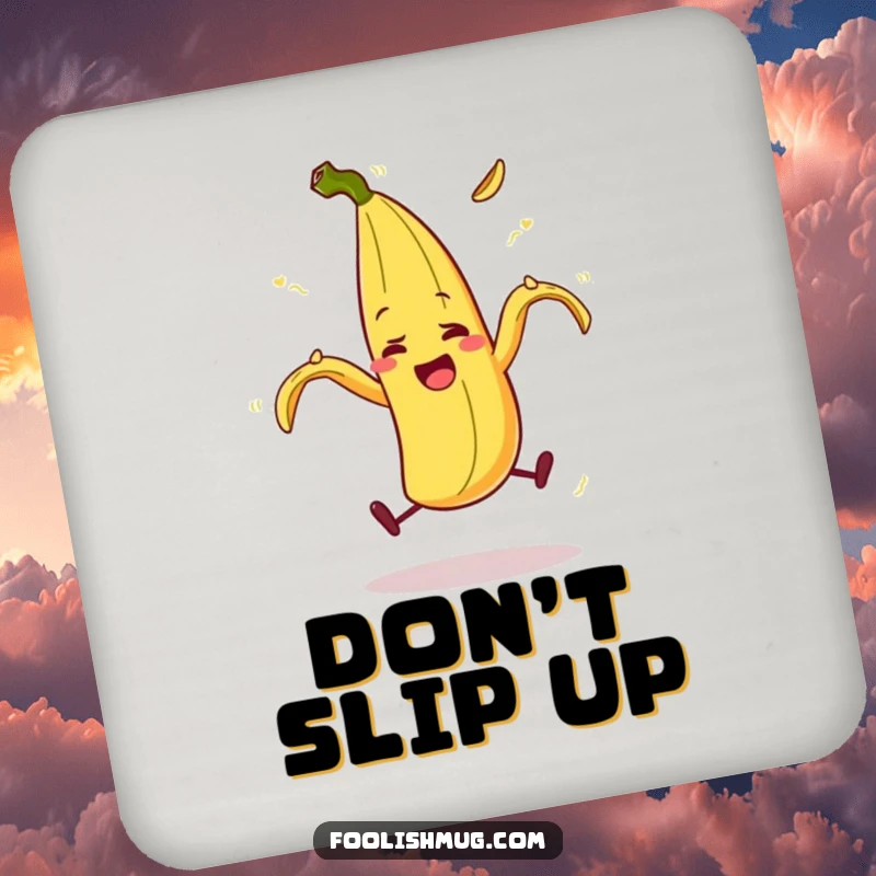 Funny banana peel character comically slipping on itself, a humorous drink coaster, a delightful funny gift.