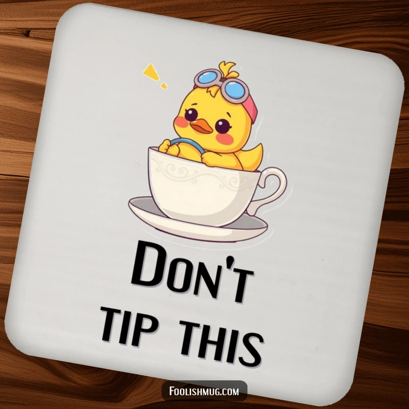 Funny drink coasters showcasing a rubber ducky character piloting a teacup, adding a whimsical and confused touch.