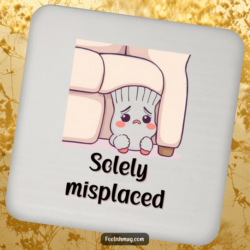 Funny Coaster: A flustered sock character peeking out from under a sofa, preventing beverage rings with humor.