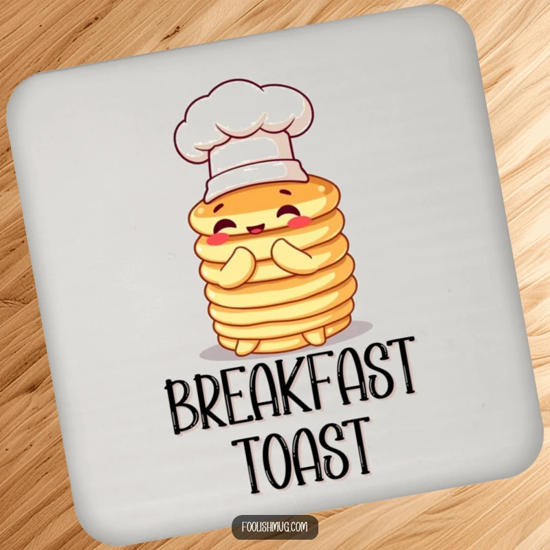 Funny pancake drink coaster, wobbly stack in a chef hat, comically attempting to bow, providing humorous surface protection.
