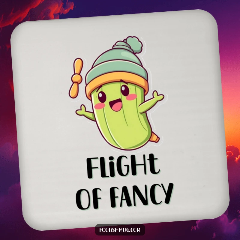 Funny pickle character wearing a propeller beanie, flying crookedly on a set of funny drink coasters.