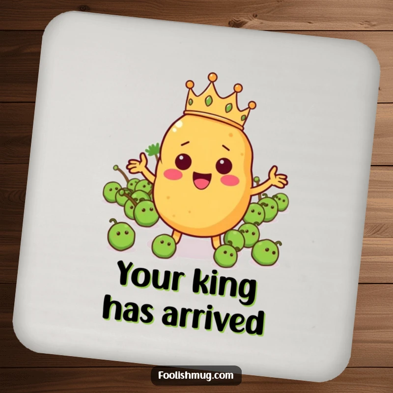 Funny potato character in a tiny crown leading a pea army on a drink coaster, providing humorous royal surface protection.