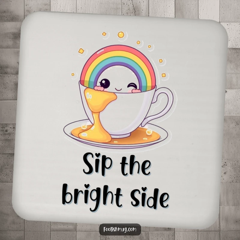 Funny rainbow teacup coaster, depicting a teacup spilling a bright rainbow, perfect for protecting surfaces with cheerful art.